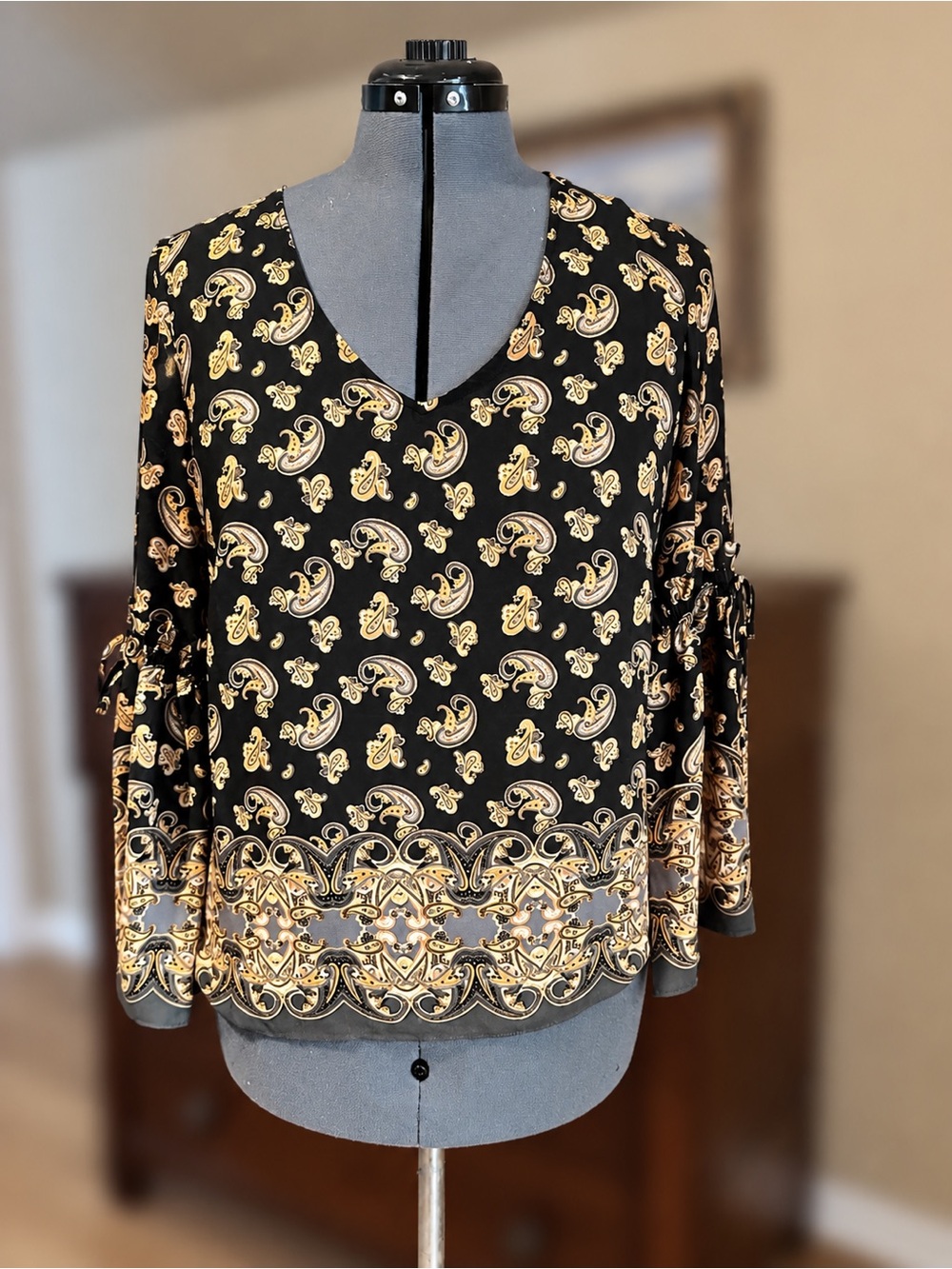 Rose & Olive Black and Gold Paisley V-Neck Tunic